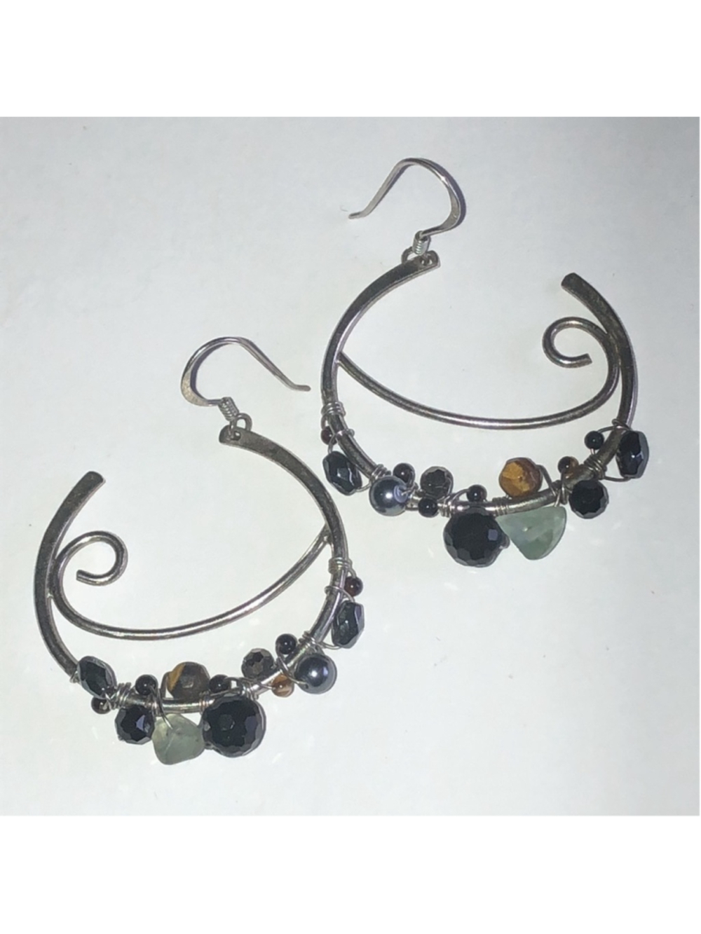 Elegant Sterling Silver Hoop Earrings with Black and Green Accents